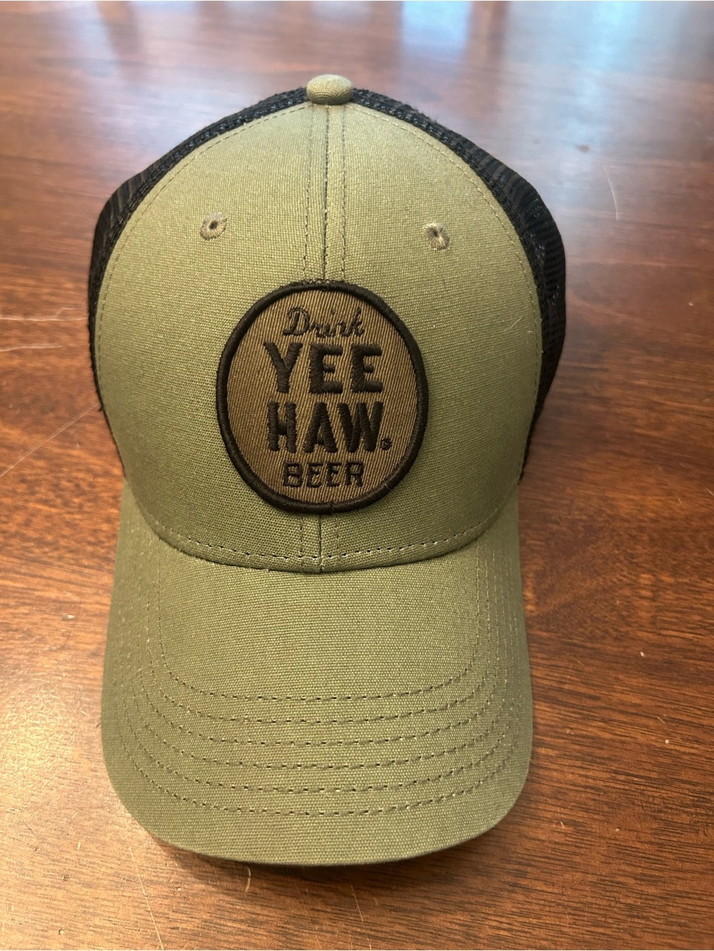 Legacy Olive Green and Black Yee Haw Beer Patch Trucker Hat